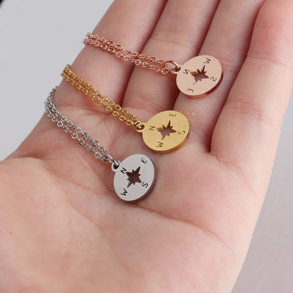 Creative Stainless Steel Compass Shape Round Mirror Necklace