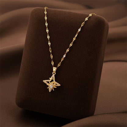 Diamond Rotating Eight Awn Star Titanium Steel Necklace For Women