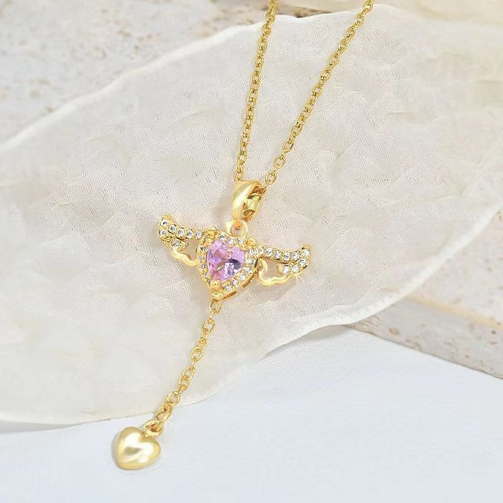 Cupid Heart Angel Wings Tassel Necklace Clavicle Chain Women Jewelry Gift Valentine&