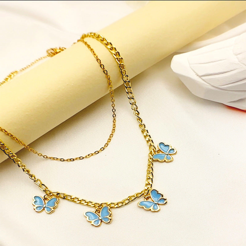 Double-layer Butterfly Drop Oil Pendant Girls&