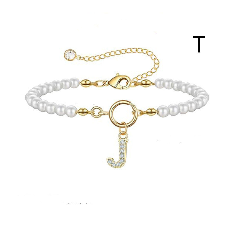 2024 New Fashion Toggle Clasp Initial Bracelet Women A-Z Letter Pendant 6mm Pearl Bracelet For Women Jewelry Gift